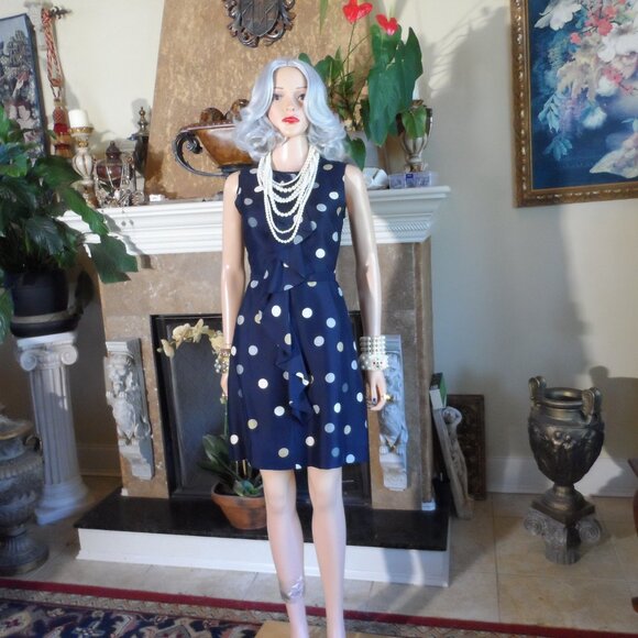 Kate Spade Navy Blue Multi Polka Dot Belted A Line Dress w/Front Ruffle Size 0 - Picture 2 of 16